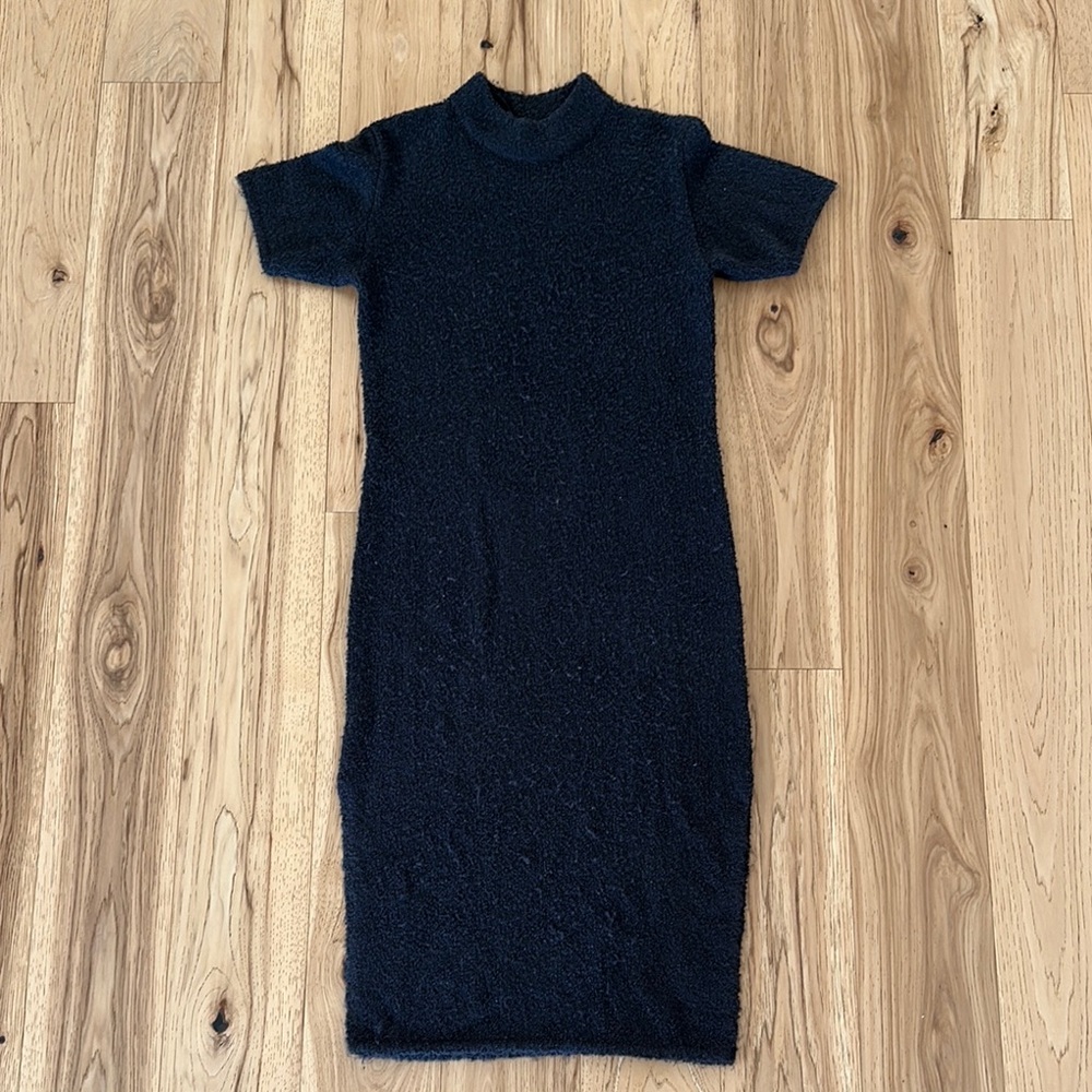 NAADAM Black Dress with Mock Neck and Short Sleeves in merino wool